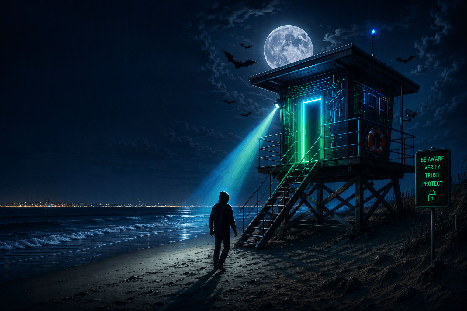 A lone figure approaches a cybersecurity-themed lifeguard tower on a moonlit beach, illustrating HD Tech's Trick or Threats theme